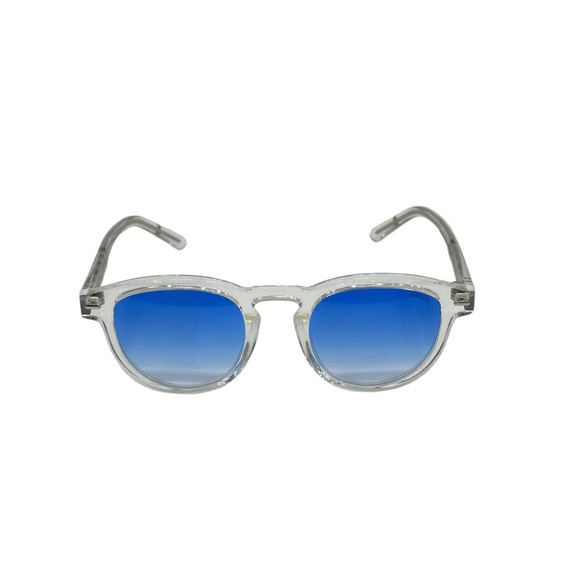 Sunglasses with blue gradient lenses on a light gray background