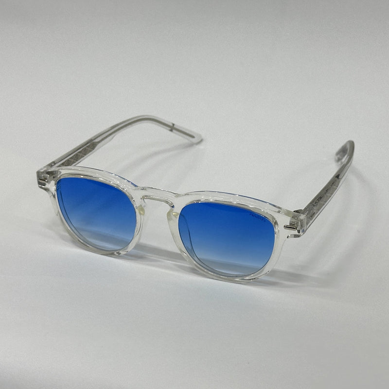 Sunglasses with blue gradient lenses on a light gray background