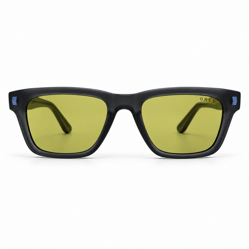 OREL black square sunglasses yellow olive lenses front view