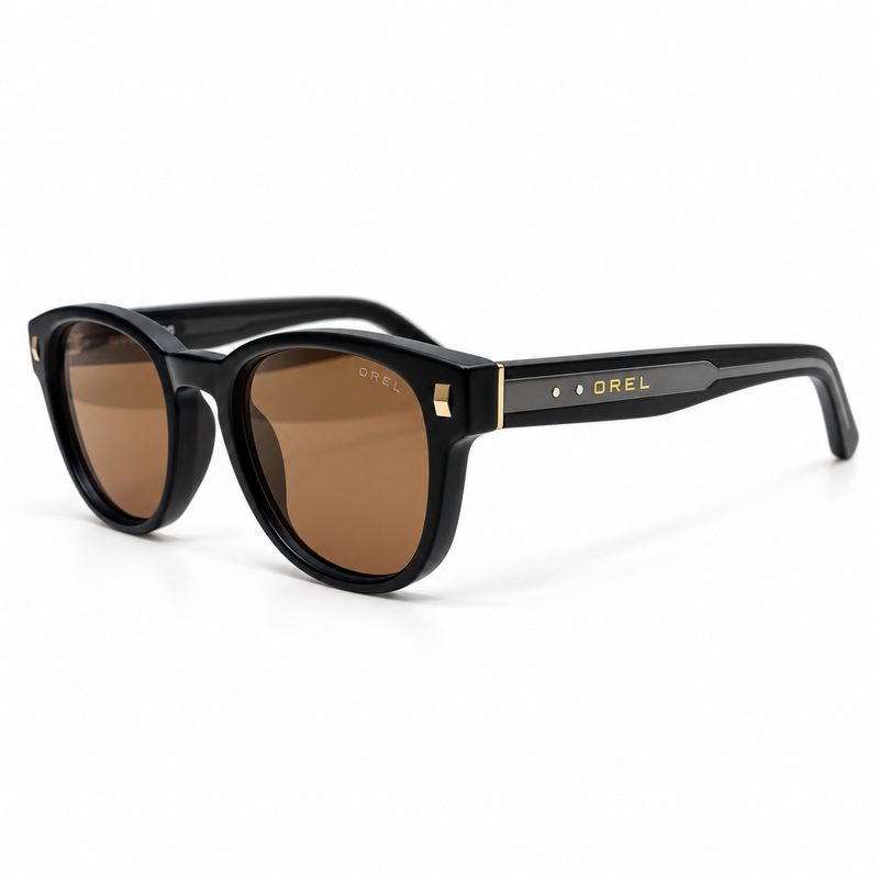 OREL black rounded square sunglasses brown lenses front view
