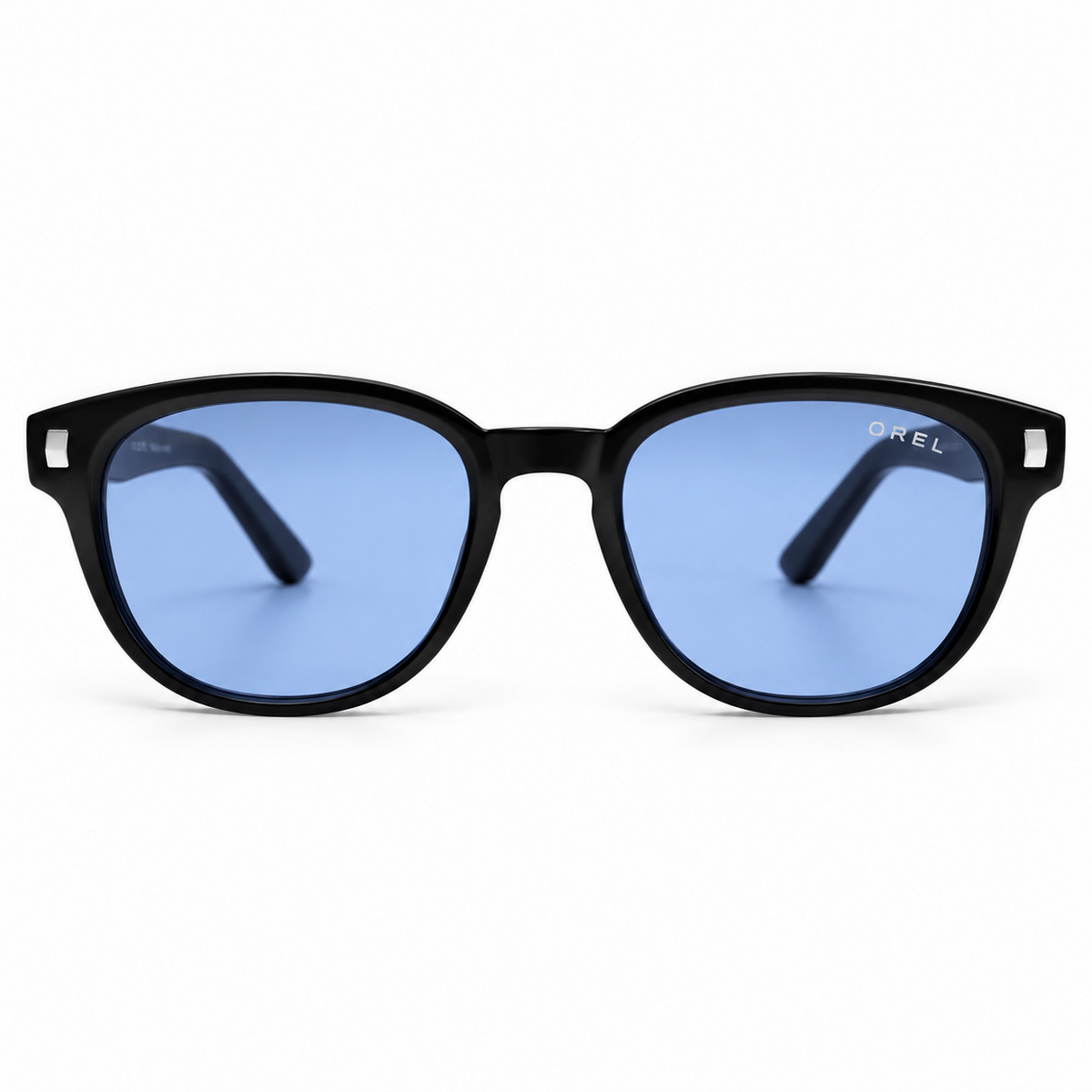 OREL black rounded square sunglasses blue lenses front view