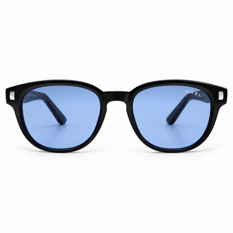 OREL black rounded square sunglasses blue lenses front view