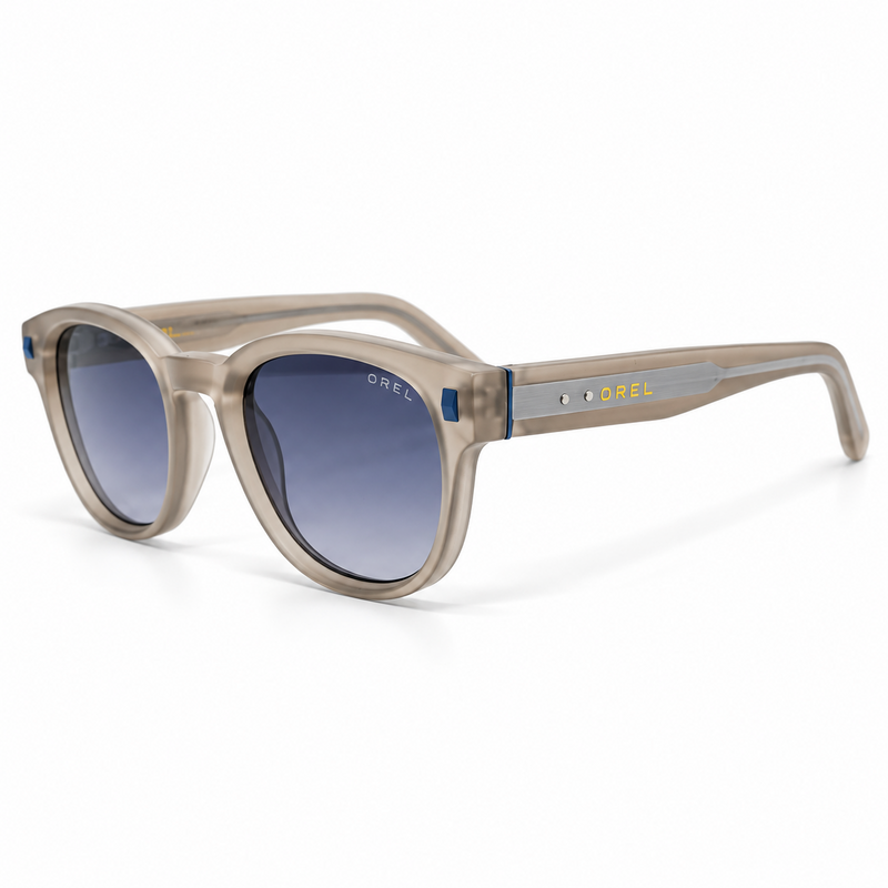 OREL taupe rounded sunglasses blue gradient lenses front view