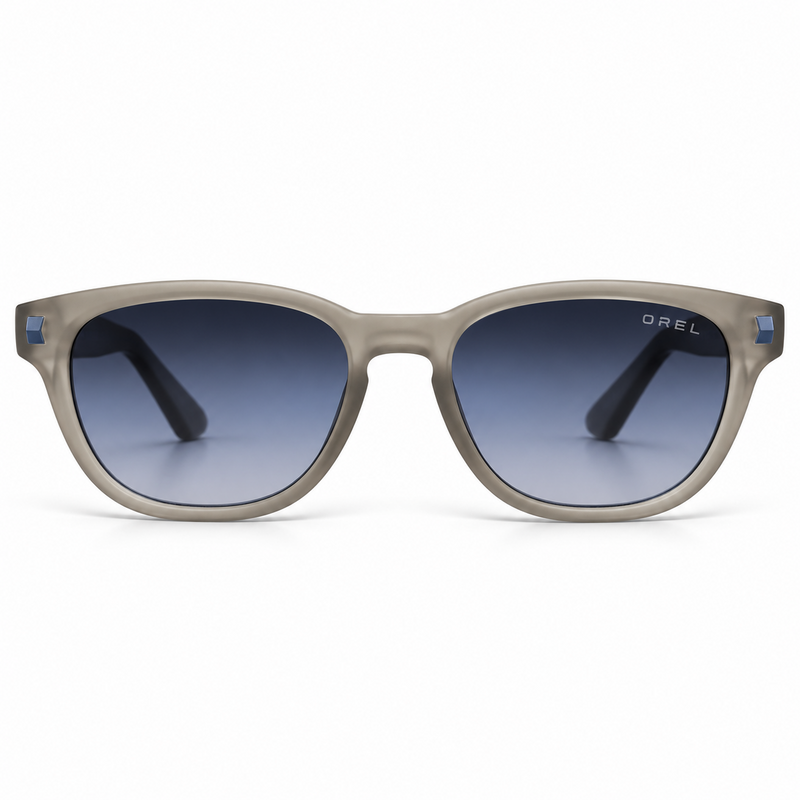 OREL taupe rounded sunglasses blue gradient lenses front view