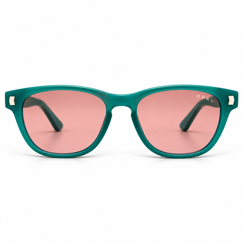 OREL teal sunglasses rose pink lenses front view