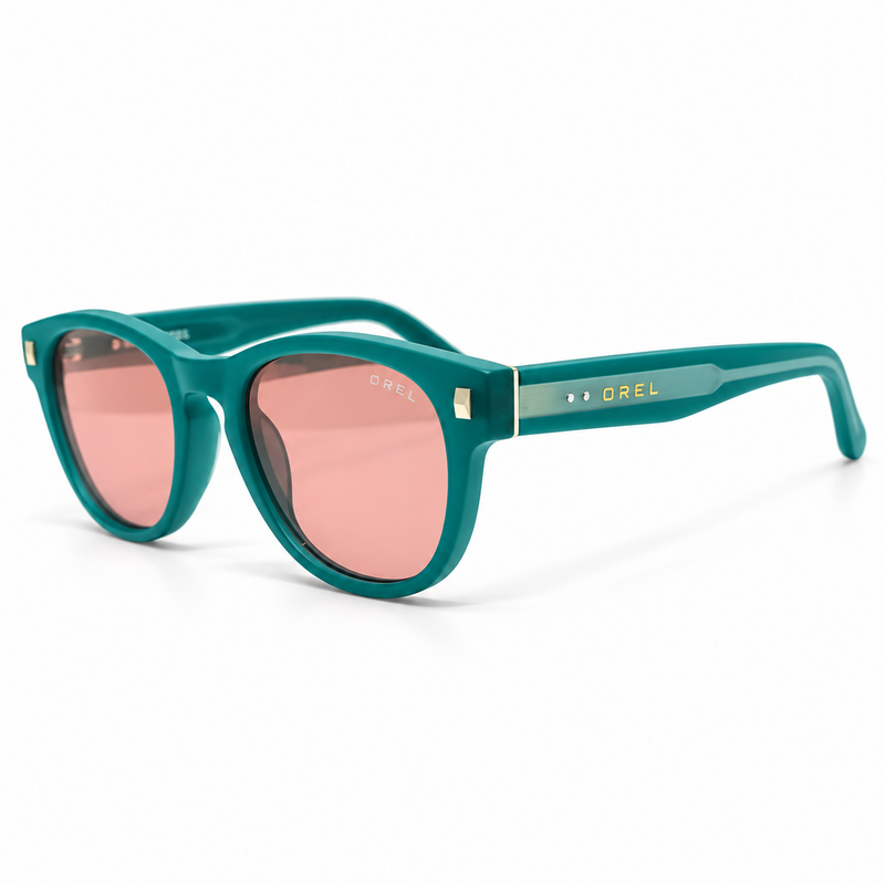 OREL teal sunglasses rose pink lenses front view